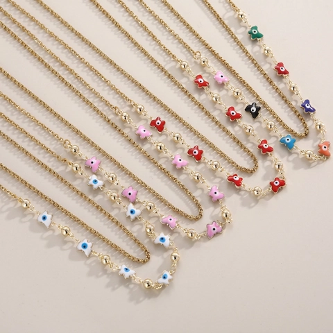 Double Layer Necklace With Enamel Butterfly And Evil Eye Pendant Gold Plated Stainless Steel Copper Jewelry For Women