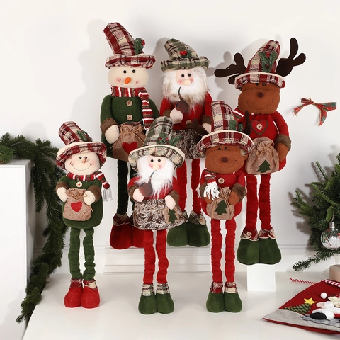 Christmas Telescopic Long Leg Plush Dolls Snowman Reindeer Santa Claus Ornament Plaid Cloth Xmas Indoor Home Decor Gift