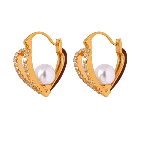 Boucles d'Oreilles Cœur en Cuivre Style Cour Française Vintage Avec Perle Artificielle Strass Émail Accessoires Femme Bijoux