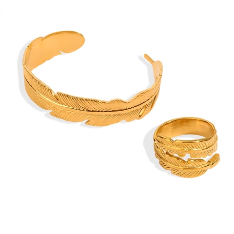 Minimalistisches Edelstahl Gold Vergoldet Feder Muster Offenes Armband Und Verstellbarer Fingerring Schmuck Set Für Damen