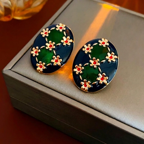 Vintage Oval Stud Earrings Enamel Floral Pattern Copper Jewelry With Silver Earring Post Retro Style For Women
