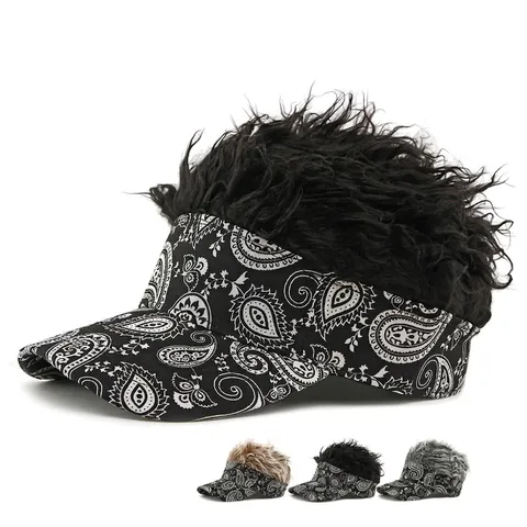 Wig Visor Hat Paisley Print Adjustable Sun Protection Fun Novelty Faux Hair Headwear For Unisex Men And Women Outdoor
