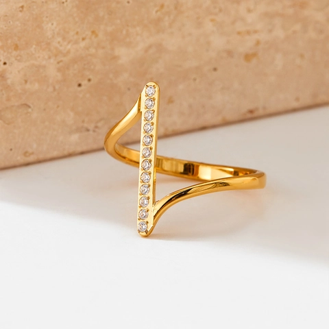 Geometric Vertical Bar Zircon Ring Stainless Steel Wave Design Minimalist Gold Silver Plated Jewelry For Women