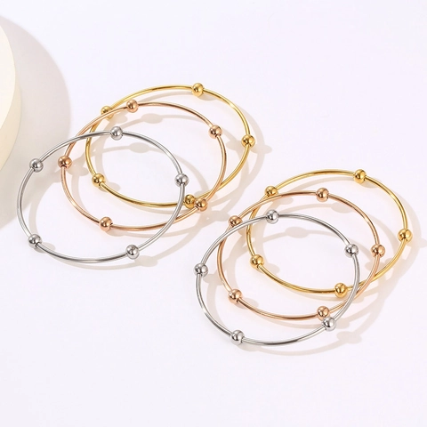 Minimalist Stainless Steel Beaded Bangle Bracelet High Polished Round Ball Coil Wire Jewelry For Women