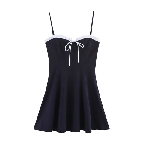 Zwarte Cami Mini-Jurk Polyester Kant Strik Zoet A-Lijn Mouwloos Hoge Taille Voor Dames