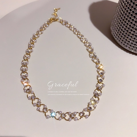 Collar De Aleación Perla Artificial Rhinestone Chapado En Oro Elegante Gargantilla Cadena De Clavícula Joyería Para Mujeres