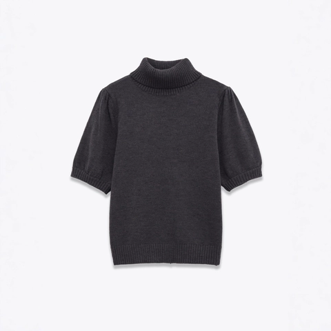 Women Turtleneck Knit Top Puff Short Sleeve Solid Color Elegant Pullover Sweater Grey Slim Fit Ribbed Hem