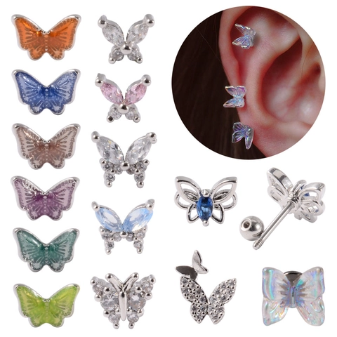 Butterfly Stud Earrings Cartilage Tragus Piercing Stainless Steel Screw Ball Back Colorful Zircon Enamel Jewelry Women