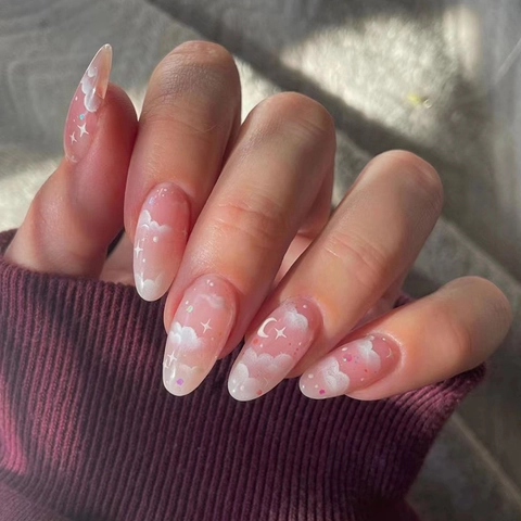 Press On Nails Long Oval Pink Gradient White Cloud Star Moon Pattern Glossy False Nails For Women Sweet Style
