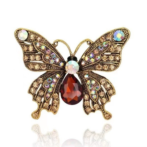Vintage Alloy Butterfly Brooch Pin With Rhinestone Antique Gold Red Main Stone Women Fashion Corsage Accessories