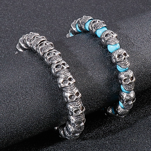 Men Stainless Steel And Turquoise Skull Head Beaded Bracelet Retro Punk Gothic Skeleton Jewelry Biker Gift
