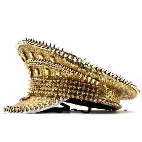 Sombrero De Capitán De Lujo Con Lentejuelas Doradas Pinchos De Metal Y Diamantes De Imitación Para Fiesta Rave Escenario
