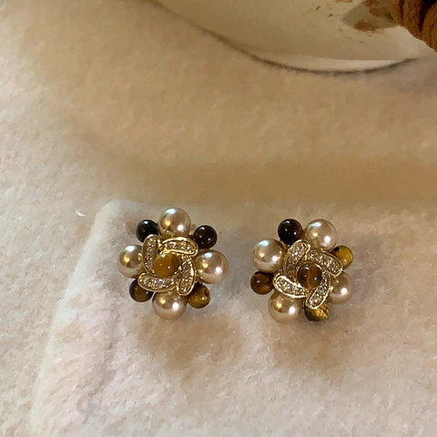 Flower Stud Earrings With Imitation Artificial Pearl And Rhinestone Vintage Elegant Floral Ear Jewelry With Silver Earring Post For Women