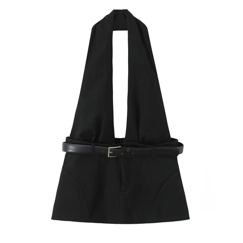 Top Allacciato Al Collo Donna Poliestere Slim Fit Nero Crop Top Con Cintura In Ecopelle Fibbia Metallo Streetwear