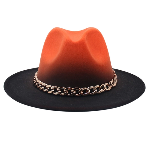 Cappello Fedora In Feltro Di Cotone Poliestere Bicolore Sfumato Con Decorazione A Catena In Metallo Tesa Larga Jazz