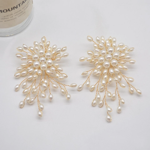 Artificial Pearl Flower Cluster Tassel Drop Earrings With Silver Earring Post Alloy Handmade Woven Exaggerated Jewelry For Women Bride