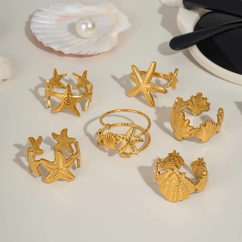 Stainless Steel Ocean Theme Ring Starfish Shell Flower Adjustable 18K Gold Plated Waterproof Fashion Jewelry For Women