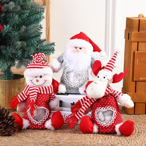 Christmas Plush Doll Gift Bags Polyester Heart Shaped Transparent Window Zipper Santa Snowman Reindeer Festive Candy Pouch