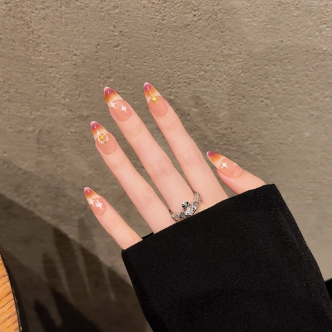 Handmade Press On Nails Blush Purple Gradient Star Moon Gold Metal Charms Long Oval Fake Nails For Women Sweet Cool Y2K Manicure