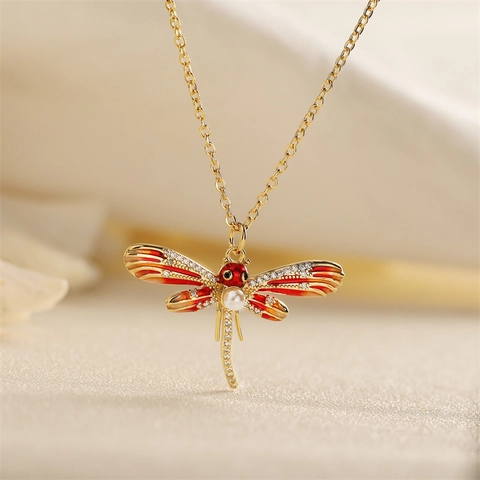 Collana In Rame Vintage Smalto Rosso Cuore Libellula Pipistrello Stella Croce Pendente Per Donne Gioielli Oro