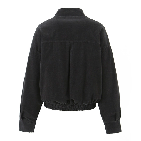 Corduroy Jacket Women Zip Up Stand Collar Solid Black Casual Fashion Short Coat Long Sleeve Outerwear Top