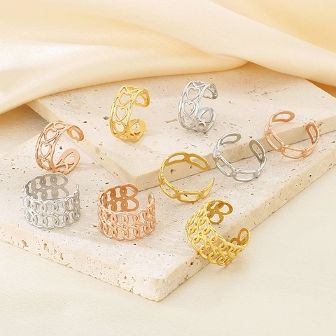 Stainless Steel Ring Hollow Out Heart Chain Pattern Geometric Vintage Adjustable Open Finger Jewelry For Women