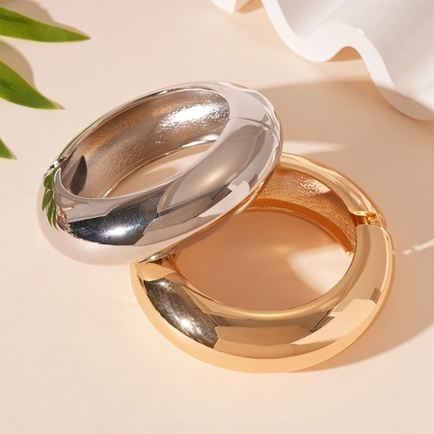 Chunky Wide Bangle Bracelet Alloy High Polished Mirror Finish Geometric Exaggerated Minimalist Fashion Jewelry Women