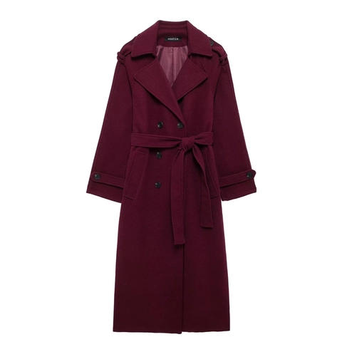 Long Woolen Coat Women Double Breasted Lapel Outerwear Trench Jacket With Belt Epaulettes Elegant Winter Casual Solid