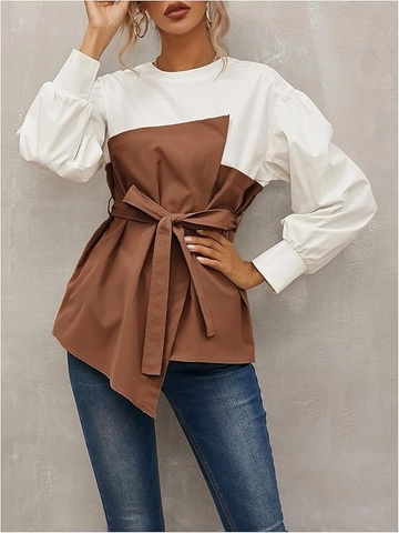 Dames Elegante Colorblock Blouse Lange Pofmouwen Taille Met Strik Onregelmatige Zoom Ronde Hals Polyester Shirt