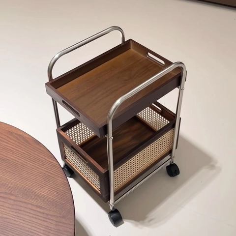 Retro Tiered Mobile Storage Trolley Utility Cart With Wheels Rubber Wood 304 Stainless Steel Rattan Medieval Side Table