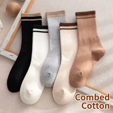 Wadenhohe Crew Socken Gekämmte Baumwolle Gestreift Gerippt Atmungsaktiv Sportlich Retro Unisex