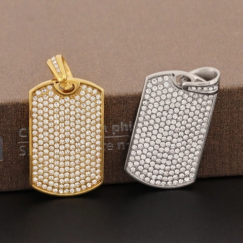 Collana Con Ciondolo Dog Tag Hip Hop Iced Out Acciaio Inossidabile Full Rhinestone Pave Gioielli Rock Uomo