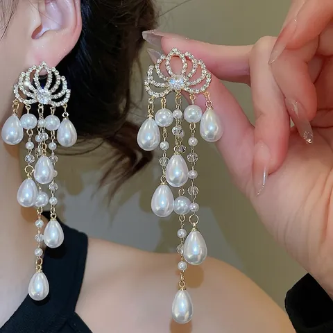 Boucles D'oreilles Pendantes À Longues Franges Style Palais Vintage Avec Künstliche Perles Goutte D'eau Strass Et Tige En Argent Pour Femmes