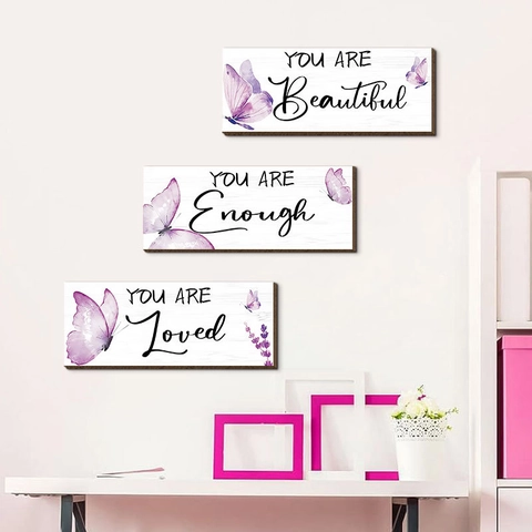 Butterfly Wall Decor Wooden Hanging Signs Purple Lavender Motivational Quotes Plaque For Home Bathroom Modern Simple Style