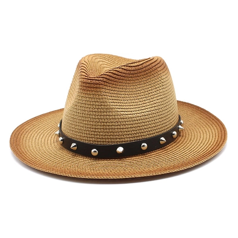 Chapeau Fedora En Paille Avec Ceinture Cuir À Rivets Respirant Protection Solaire Plage Jazz Panama Hommes Femmes