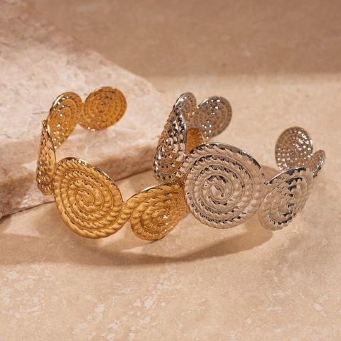 Brazalete Retro De Hierro Con Diseño De Triple Espiral Y Textura De Metal Martillado Estilo Abierto Moda Bohemia