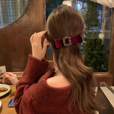 Molletta Per Capelli Con Fiocco In Velluto Elegante Con Strass Quadrati Fermaglio Vintage Per Donne