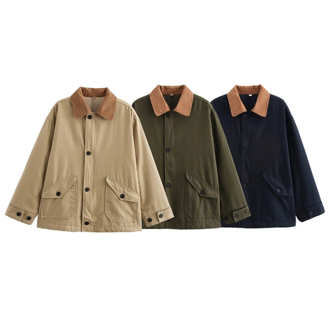 Women Casual Workwear Style Jacket Contrast Corduroy Lapel Long Sleeve Outerwear With Flap Pockets