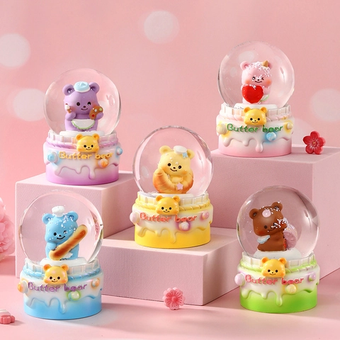 Cartoon Animal Astronaut Crystal Ball Snow Globe Ornament Resin Glass Glowing Night Light Decorative Desktop Toy For Kids Girls