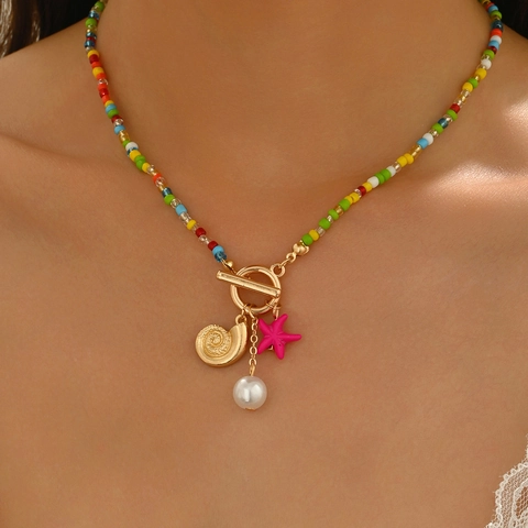 Beaded Necklace Colorful Seed Beads With Alloy Shell Starfish And Imitation Artificial Pearl Pendant Summer Beach Jewelry For Women