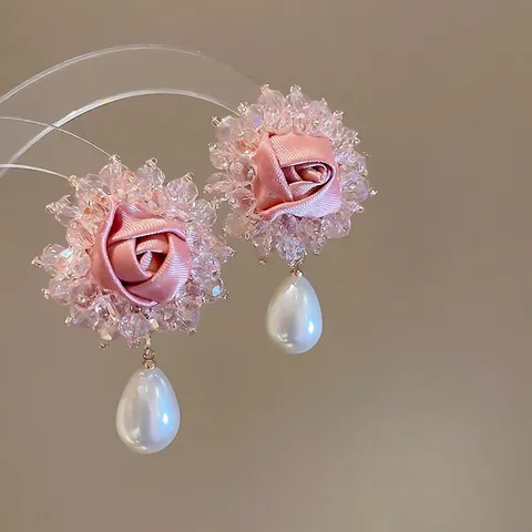 Satin Rose Flower Drop Earrings With Crystal Beads Teardrop Imitation Artificial Pearl 925 Sterling Silver Earring Post Vintage Sweet
