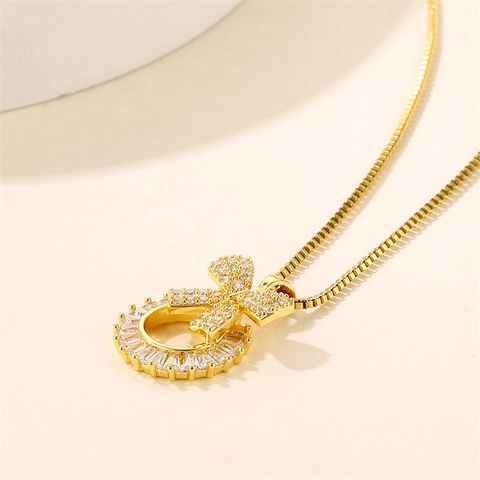 Schleife Anhänger Halskette Edelstahl Eingelegt Zirkon Strass Vergoldet Schlüsselbein Kette Für Frauen