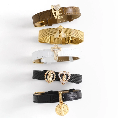 Religiöses Charm Armband Vergoldetes Kupfer Zirkon Kreuz Jungfrau Maria Heiliger Benedikt DIY Mesh Lederband Schmuck