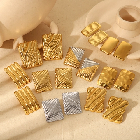 Rectangular Stud Earrings Stainless Steel 18K Gold Plated Striped Geometric Texture Minimalist Jewelry For Women