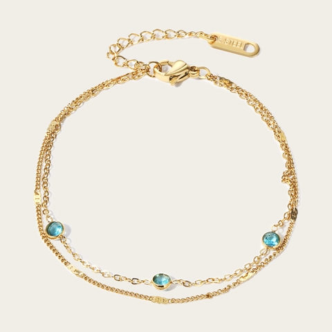 Bracciale a Doppio Strato in Acciaio Inossidabile Minimalista da Donna Placcato Oro 18K Strass Blu Rotondo Intarsiato Gioielli a Catena