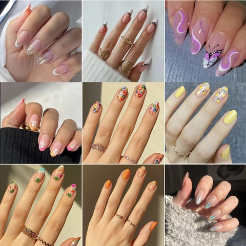Uñas Postizas Long Almond Coffin Diseño Dulce Corazón Flores Degradado Puntas de Uñas Artificiales Para Mujeres Niñas DIY