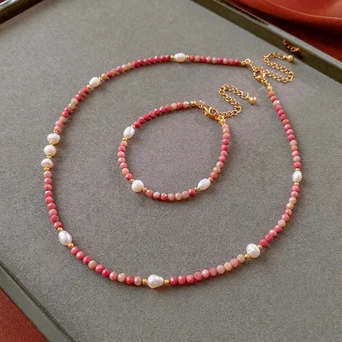 Perlenkette Armband Süßwasserperlen Rosa Naturstein Edelstahl Retro Elegante Schmuck Für Frauen