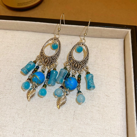 Bohemian Dangle Earrings Vintage Ethnic Geometric Leaf Alloy Bead Tassel With Silver Earring Post For Women