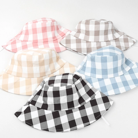 Karierter Fischerhut Baumwolle Seersucker Breitkrempig Sonnenschutz Atmungsaktiv Vintage Casual Chic Damen