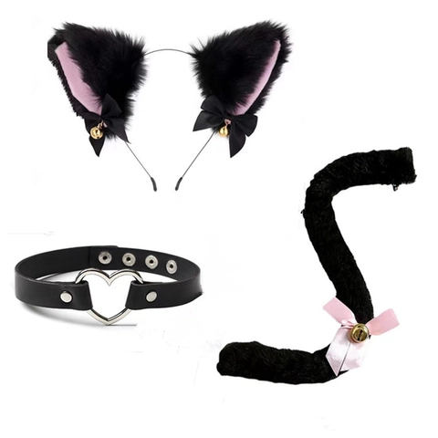 Cat Ear Headband And Choker And Plush Tail Costume Accessories For Halloween Party Gothic Lolita Faux Fur Lace Bell